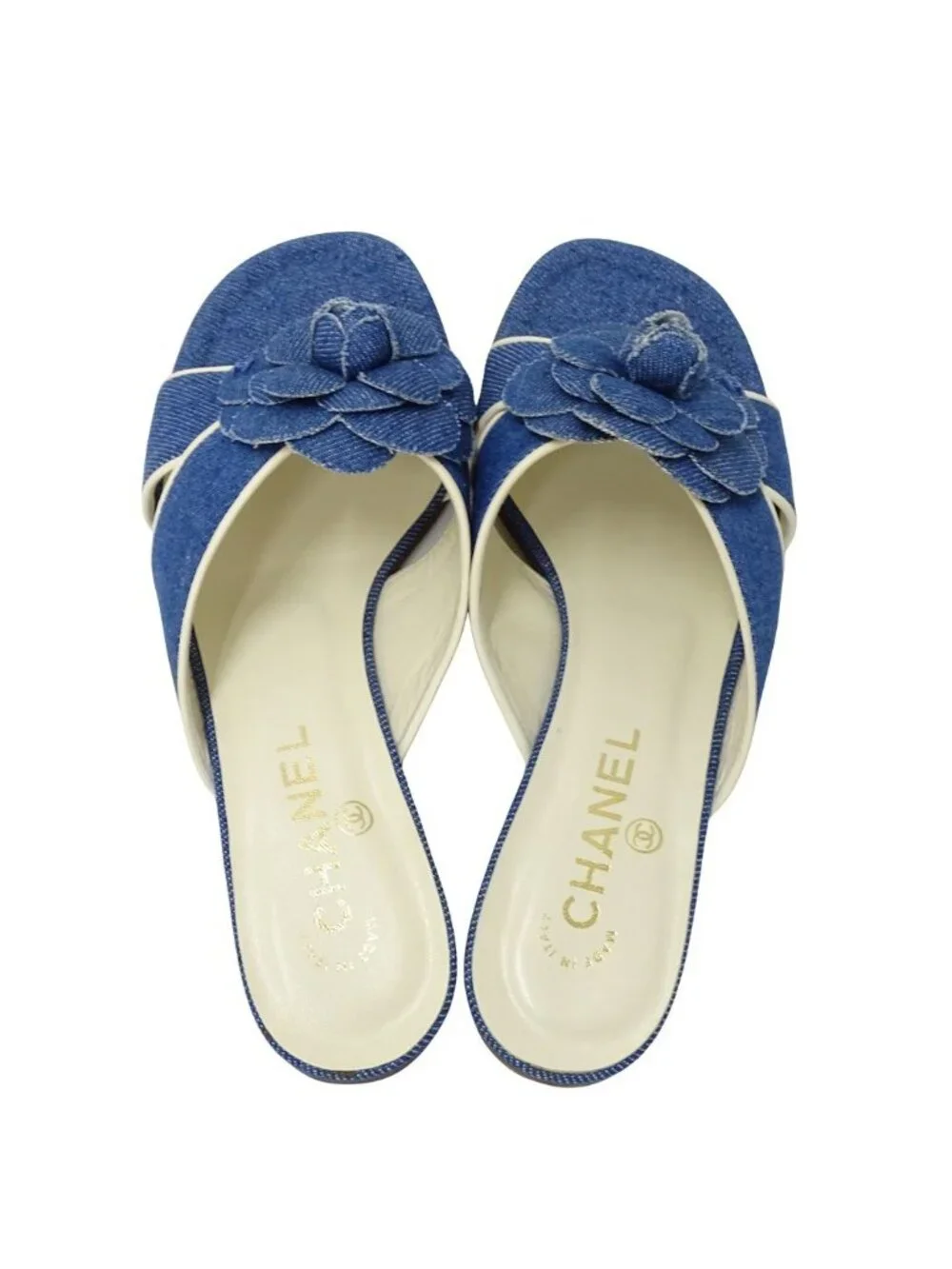 Chanel Sandals Camellia Denim Leather Blue White Summer Mules